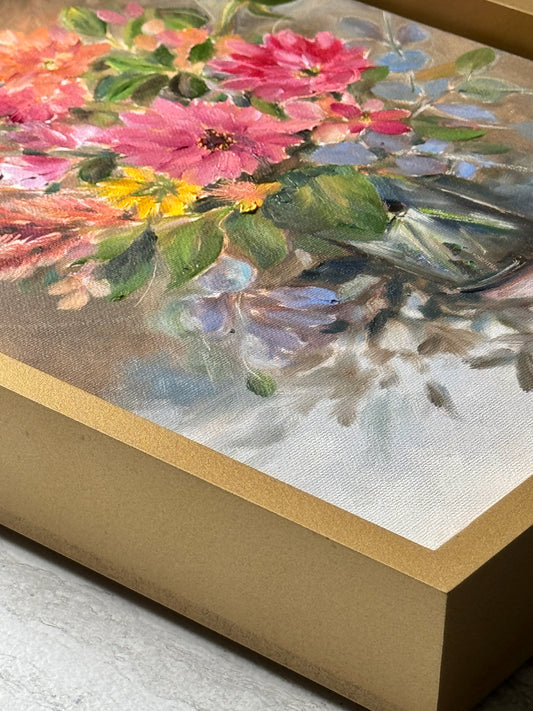 Floral painting on a textured surface with visible brush strokes.