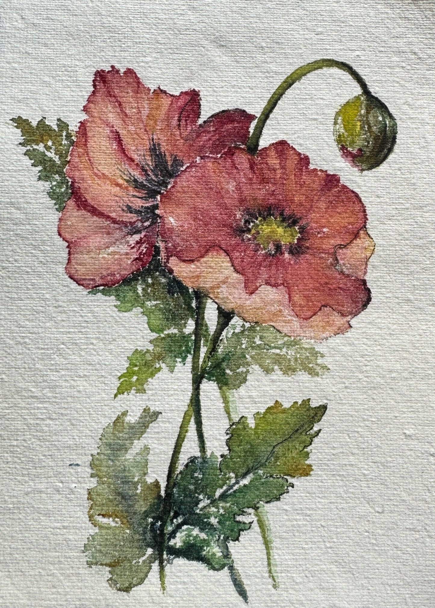 Floral painting of a pink flower with green leaves on a textured white background