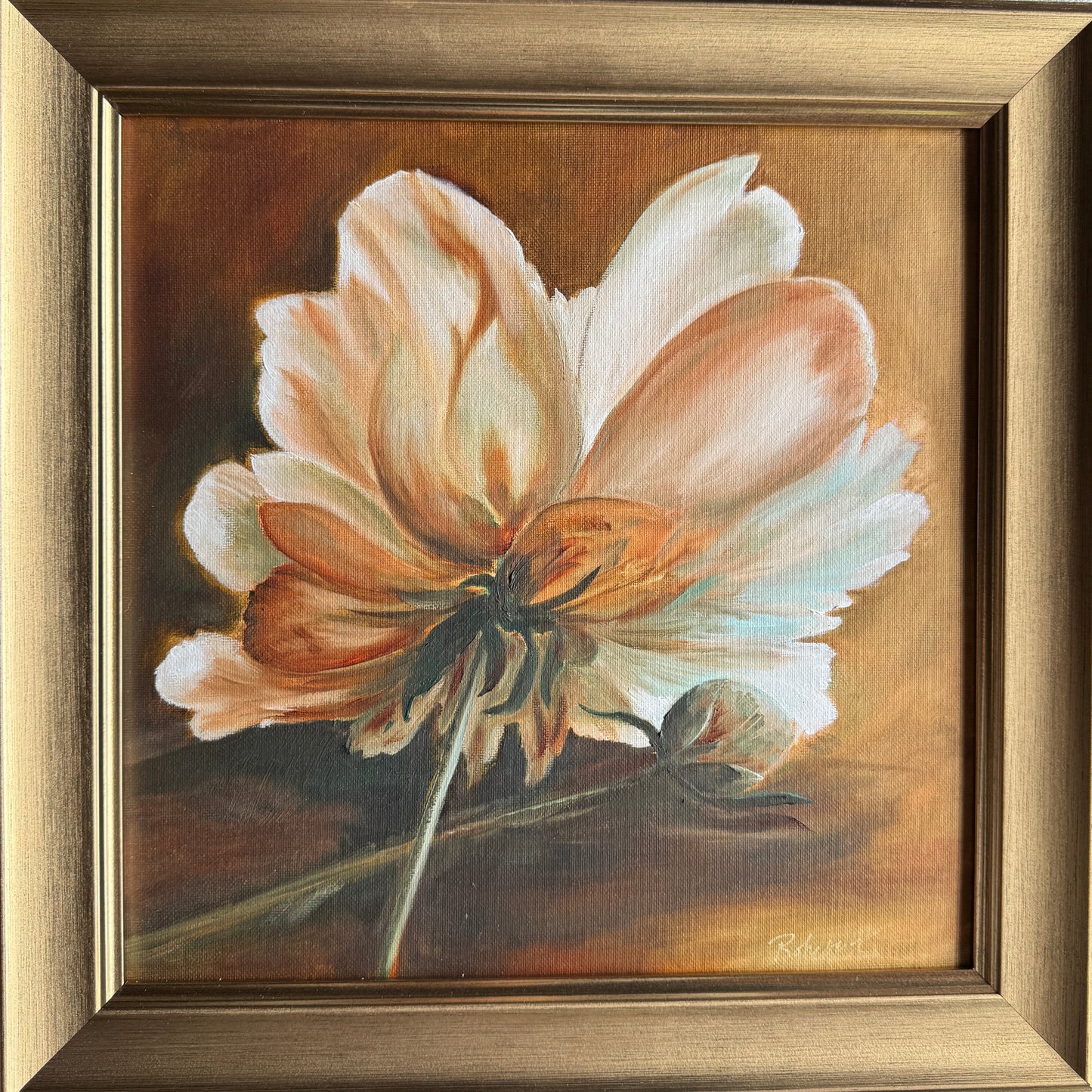 Framed floral painting on canvas board