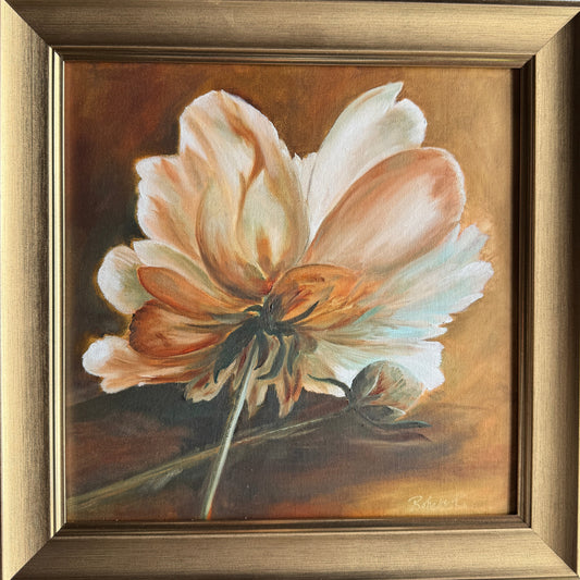 Framed floral painting on canvas board