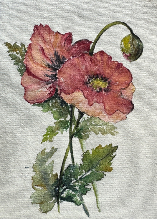Floral painting of a pink flower with green leaves on a textured white background